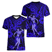 Hawaii Hula Girl Women V Neck T Shirt Polynesian Pattern Navy Blue Version - Wonder Print Shop