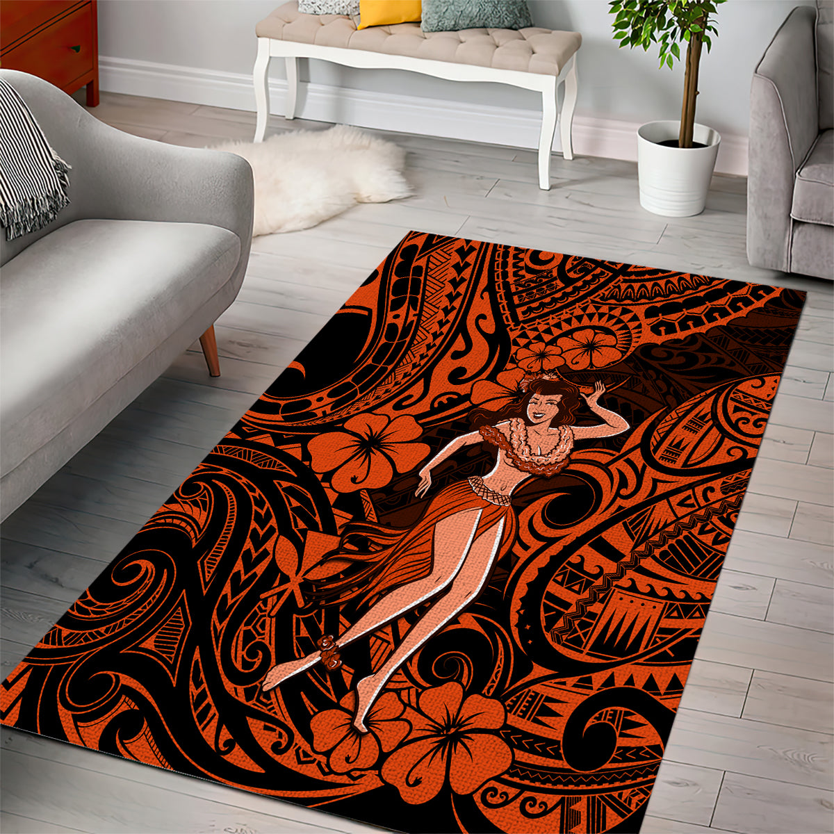 Hawaii Hula Girl Area Rug Polynesian Pattern Orange Version - Wonder Print Shop