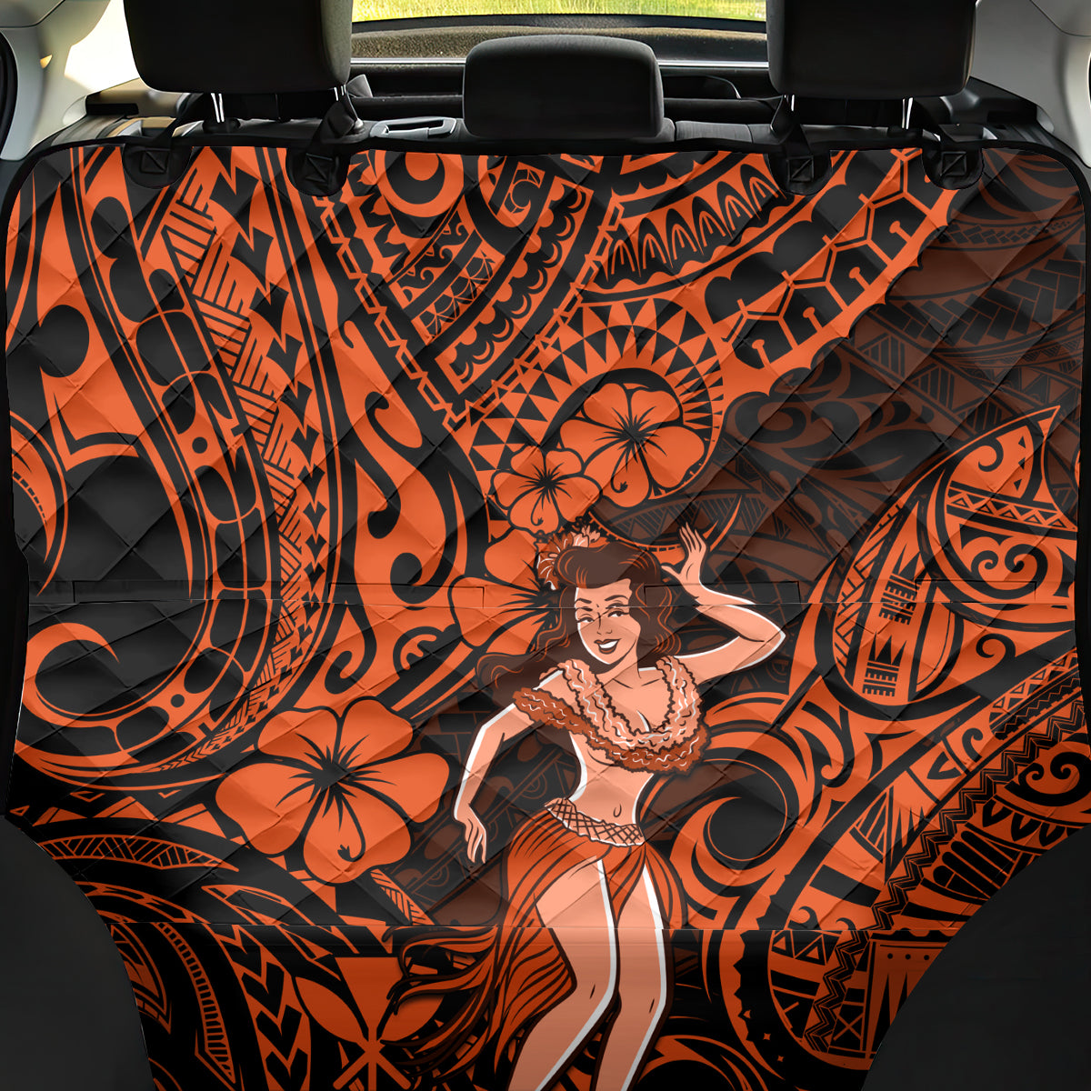 Hawaii Hula Girl Back Car Seat Cover Polynesian Pattern Orange Version - Wonder Print Shop