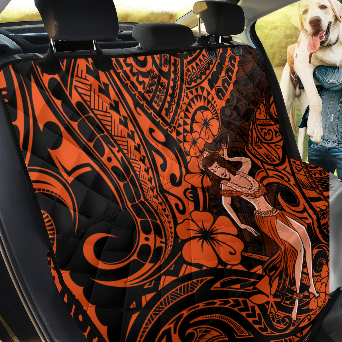 Hawaii Hula Girl Back Car Seat Cover Polynesian Pattern Orange Version - Wonder Print Shop