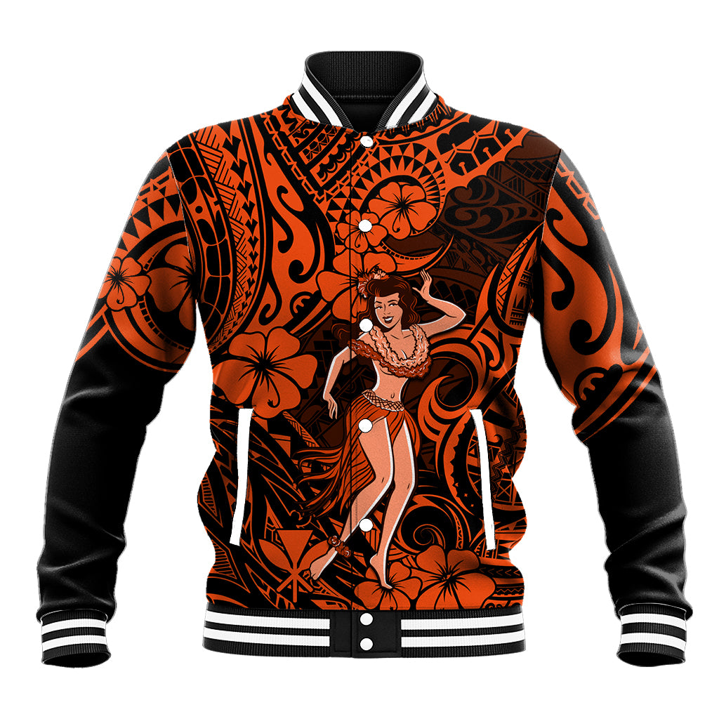 Hawaii Hula Girl Baseball Jacket Polynesian Pattern Orange Version - Wonder Print Shop