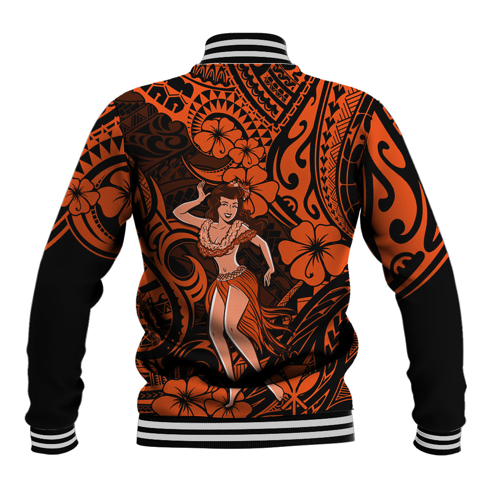 Hawaii Hula Girl Baseball Jacket Polynesian Pattern Orange Version - Wonder Print Shop