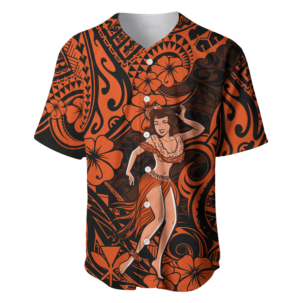 Hawaii Hula Girl Baseball Jersey Polynesian Pattern Orange Version - Wonder Print Shop