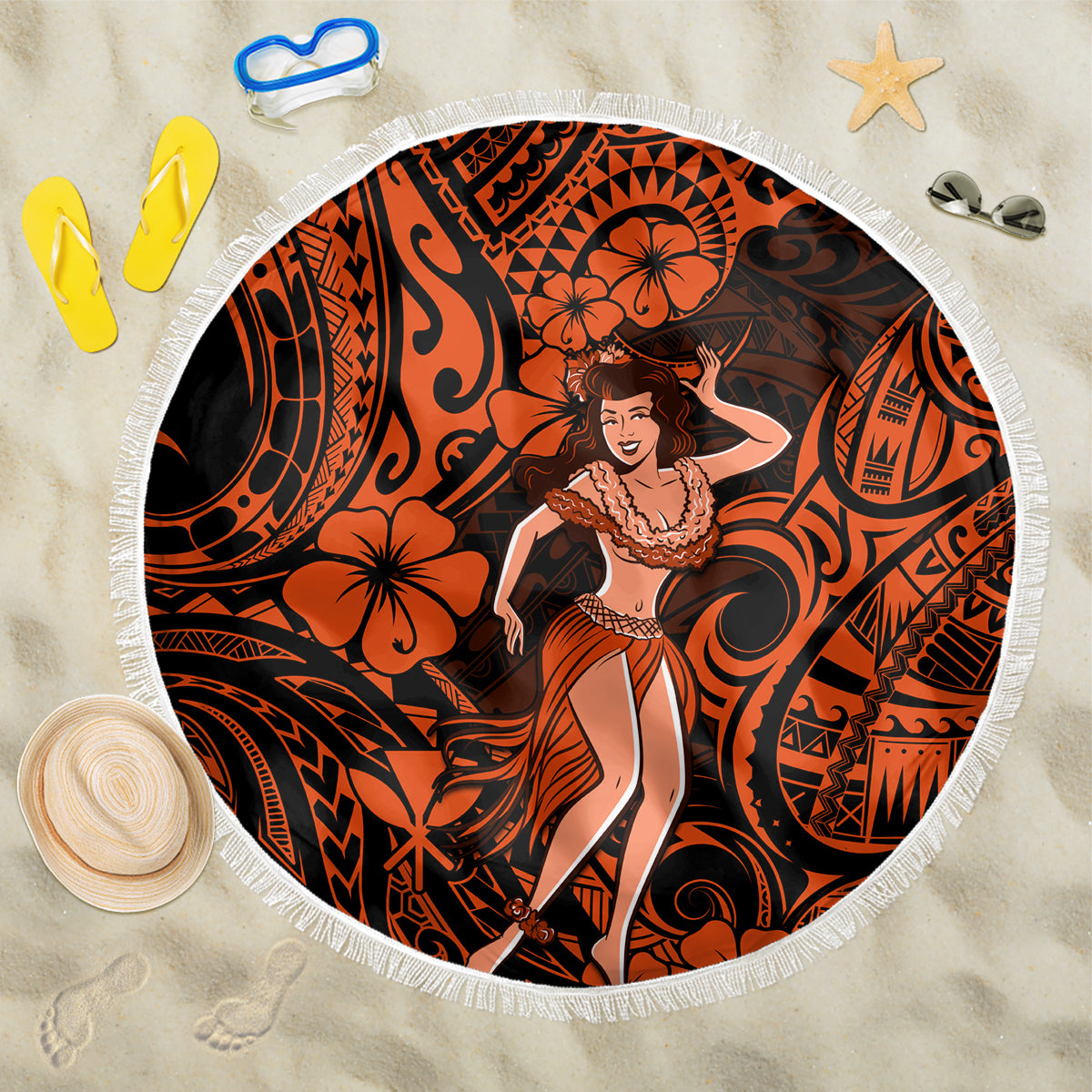 Hawaii Hula Girl Beach Blanket Polynesian Pattern Orange Version - Wonder Print Shop