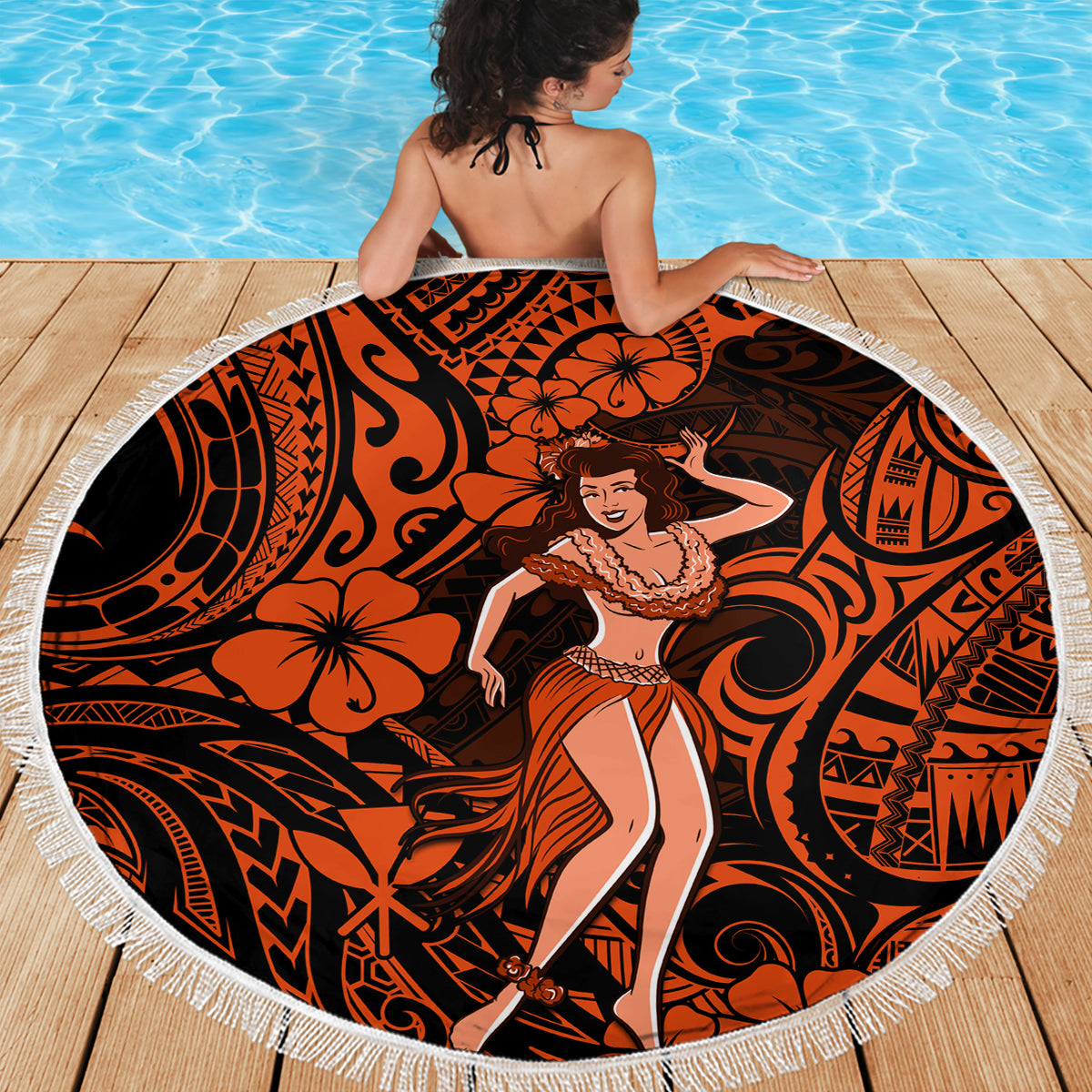 Hawaii Hula Girl Beach Blanket Polynesian Pattern Orange Version - Wonder Print Shop