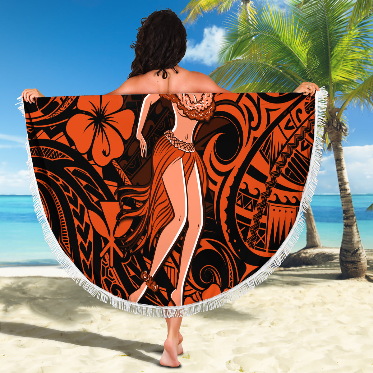 Hawaii Hula Girl Beach Blanket Polynesian Pattern Orange Version - Wonder Print Shop