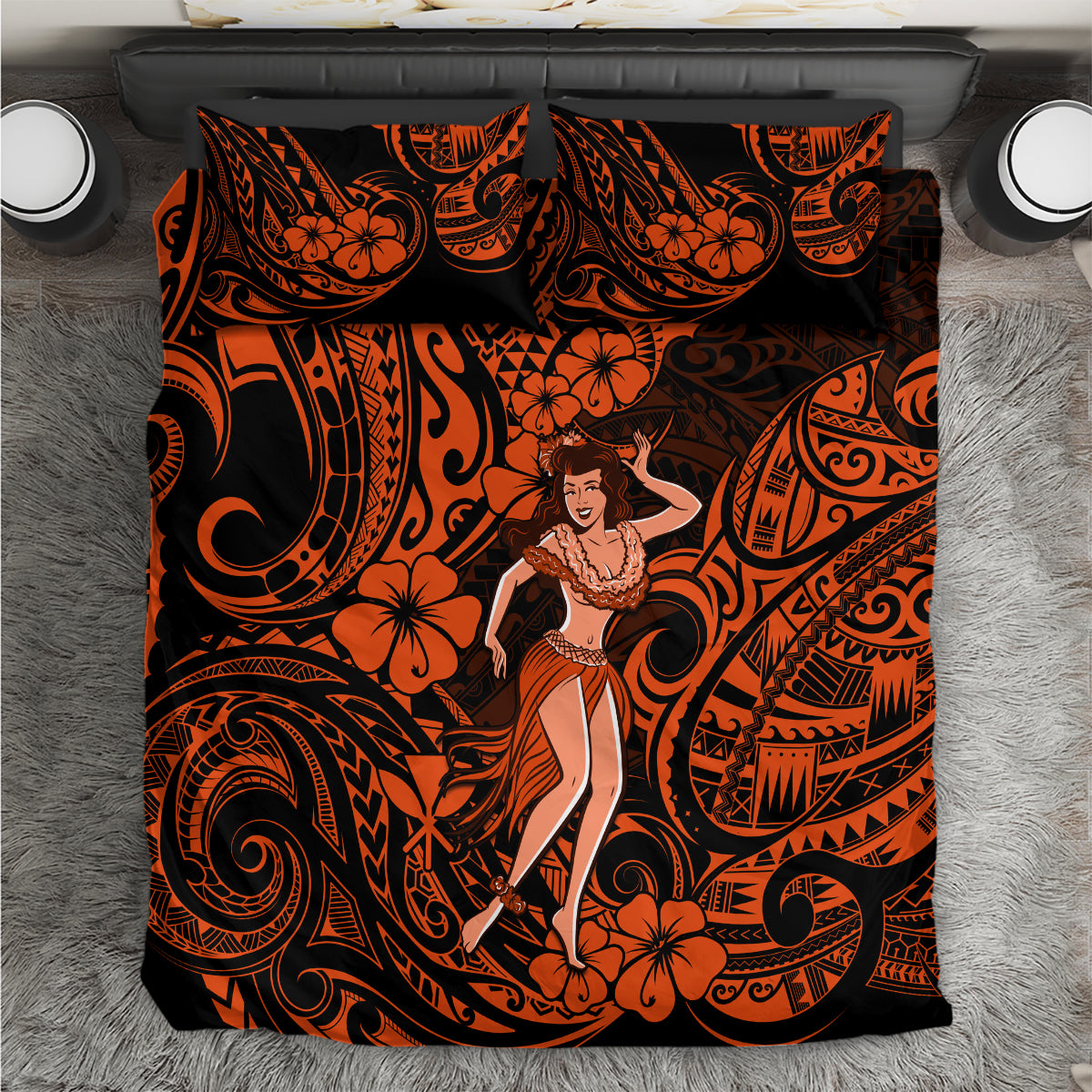 Hawaii Hula Girl Bedding Set Polynesian Pattern Orange Version - Wonder Print Shop