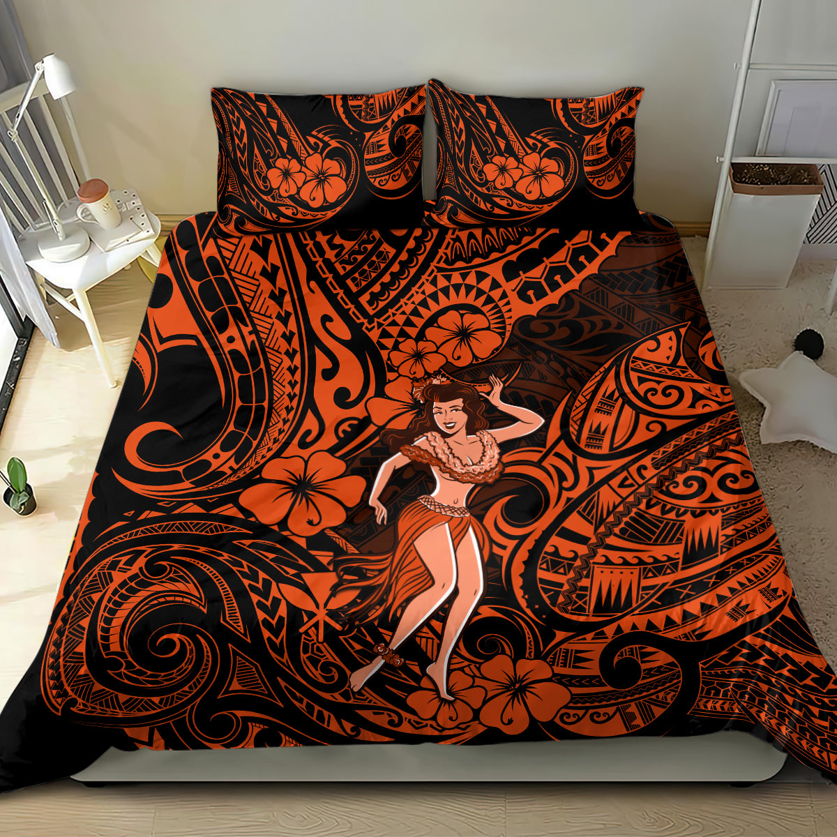 Hawaii Hula Girl Bedding Set Polynesian Pattern Orange Version - Wonder Print Shop
