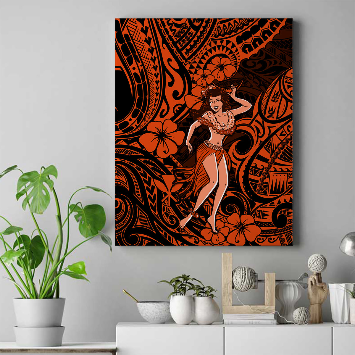 Hawaii Hula Girl Canvas Wall Art Polynesian Pattern Orange Version - Wonder Print Shop