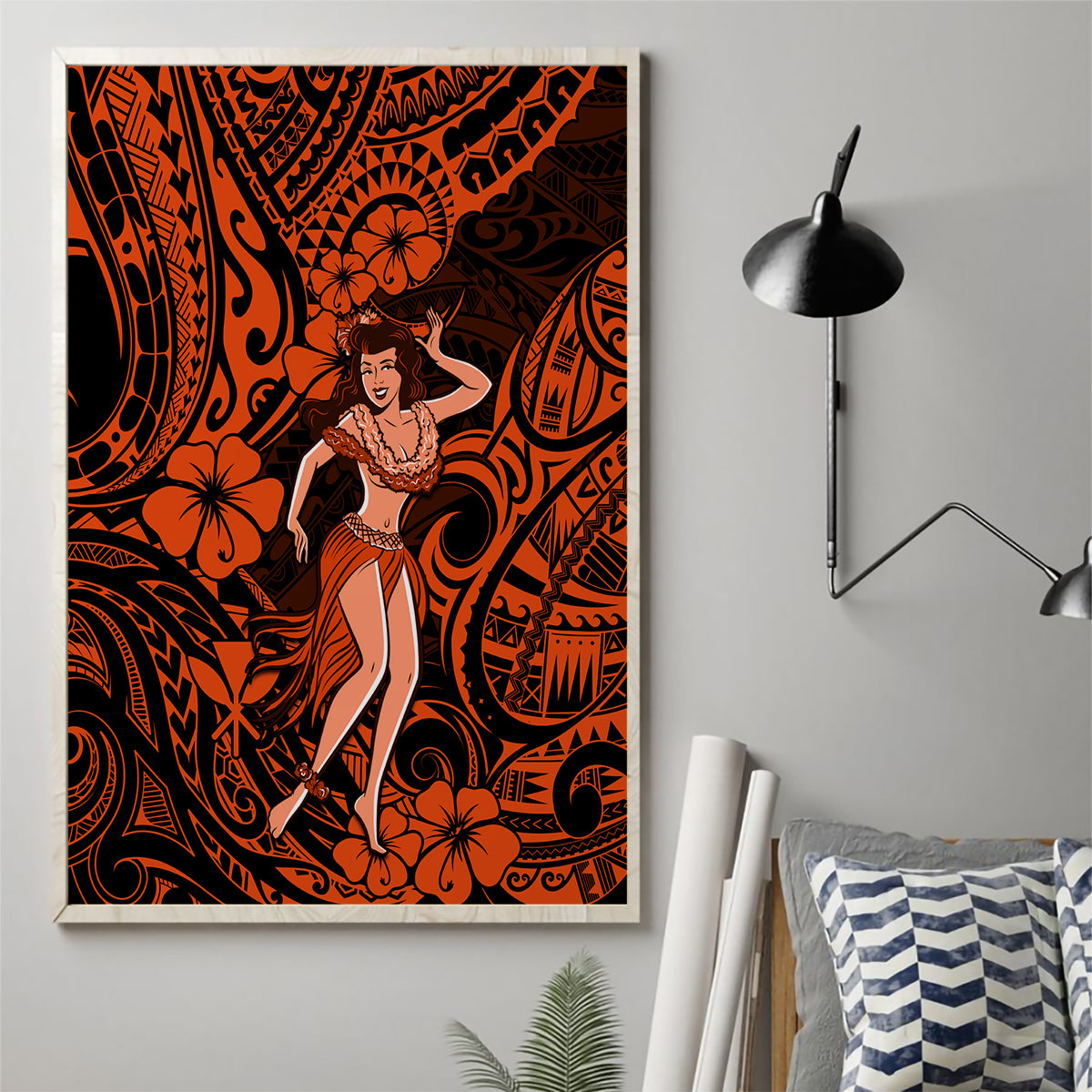 Hawaii Hula Girl Canvas Wall Art Polynesian Pattern Orange Version - Wonder Print Shop