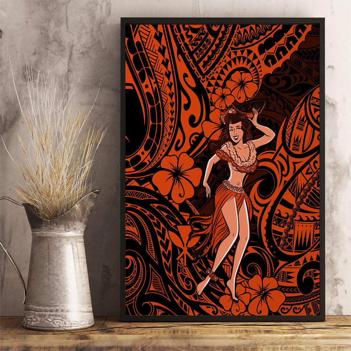 Hawaii Hula Girl Canvas Wall Art Polynesian Pattern Orange Version - Wonder Print Shop