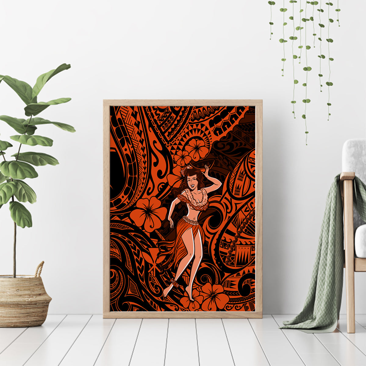 Hawaii Hula Girl Canvas Wall Art Polynesian Pattern Orange Version - Wonder Print Shop