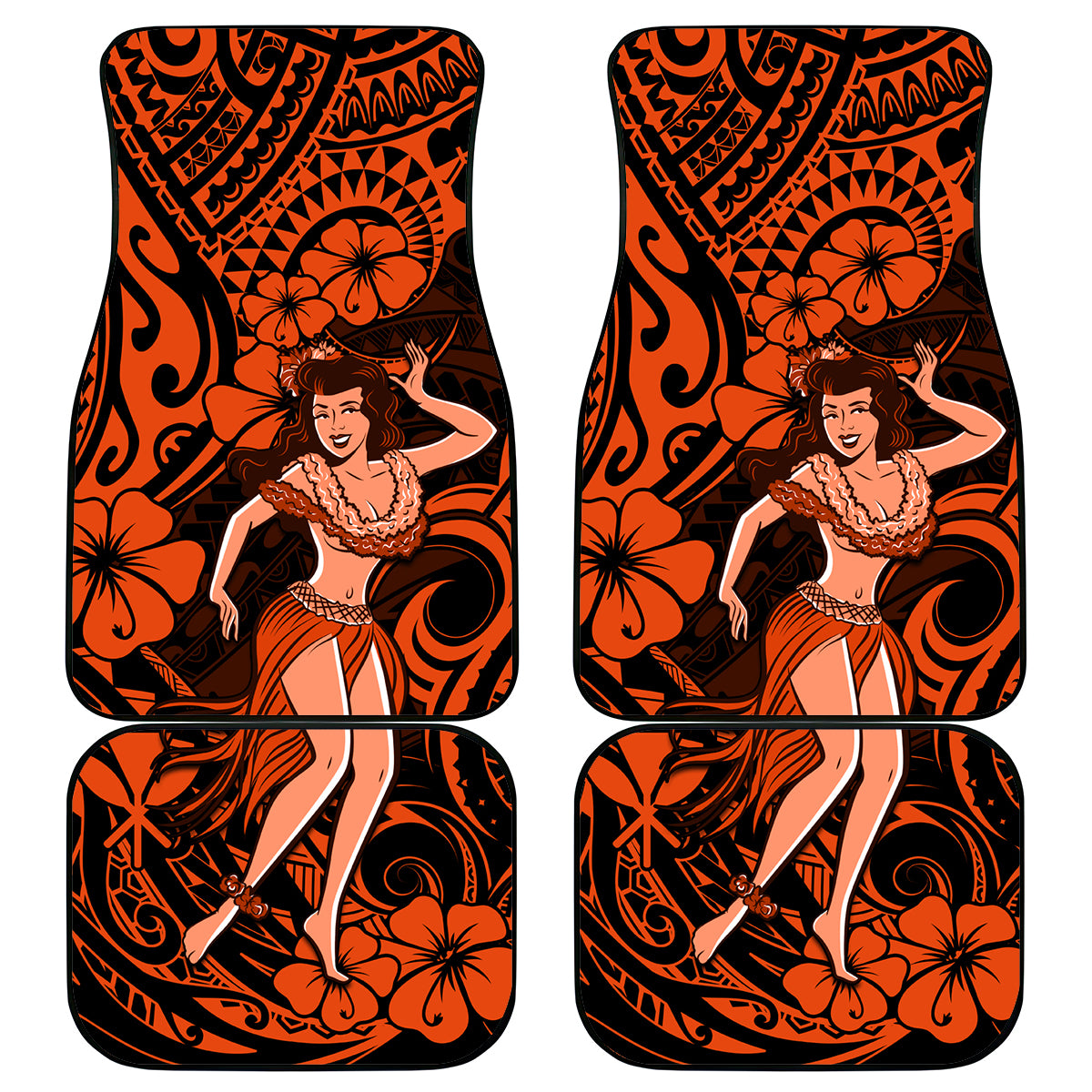 Hawaii Hula Girl Car Mats Polynesian Pattern Orange Version - Wonder Print Shop