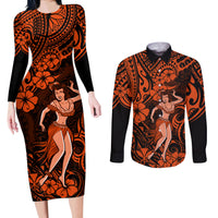 Hawaii Hula Girl Couples Matching Long Sleeve Bodycon Dress and Long Sleeve Button Shirts Polynesian Pattern Orange Version - Wonder Print Shop