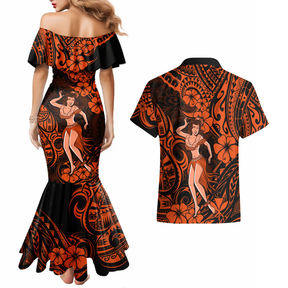 Hawaii Hula Girl Couples Matching Mermaid Dress and Hawaiian Shirt Polynesian Pattern Orange Version - Wonder Print Shop
