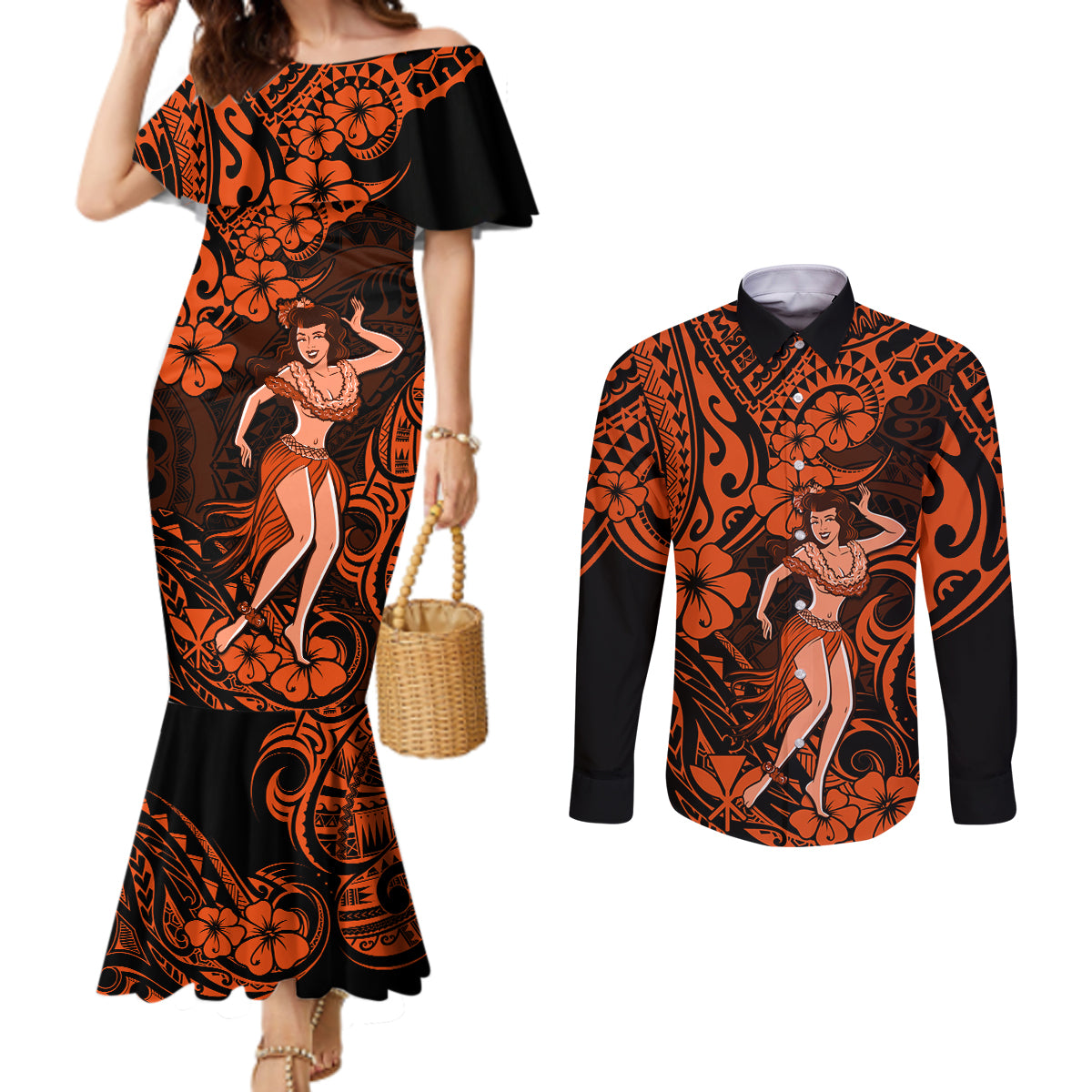 hawaii-hula-girl-couples-matching-mermaid-dress-and-long-sleeve-button-shirts-polynesian-pattern-orange-version