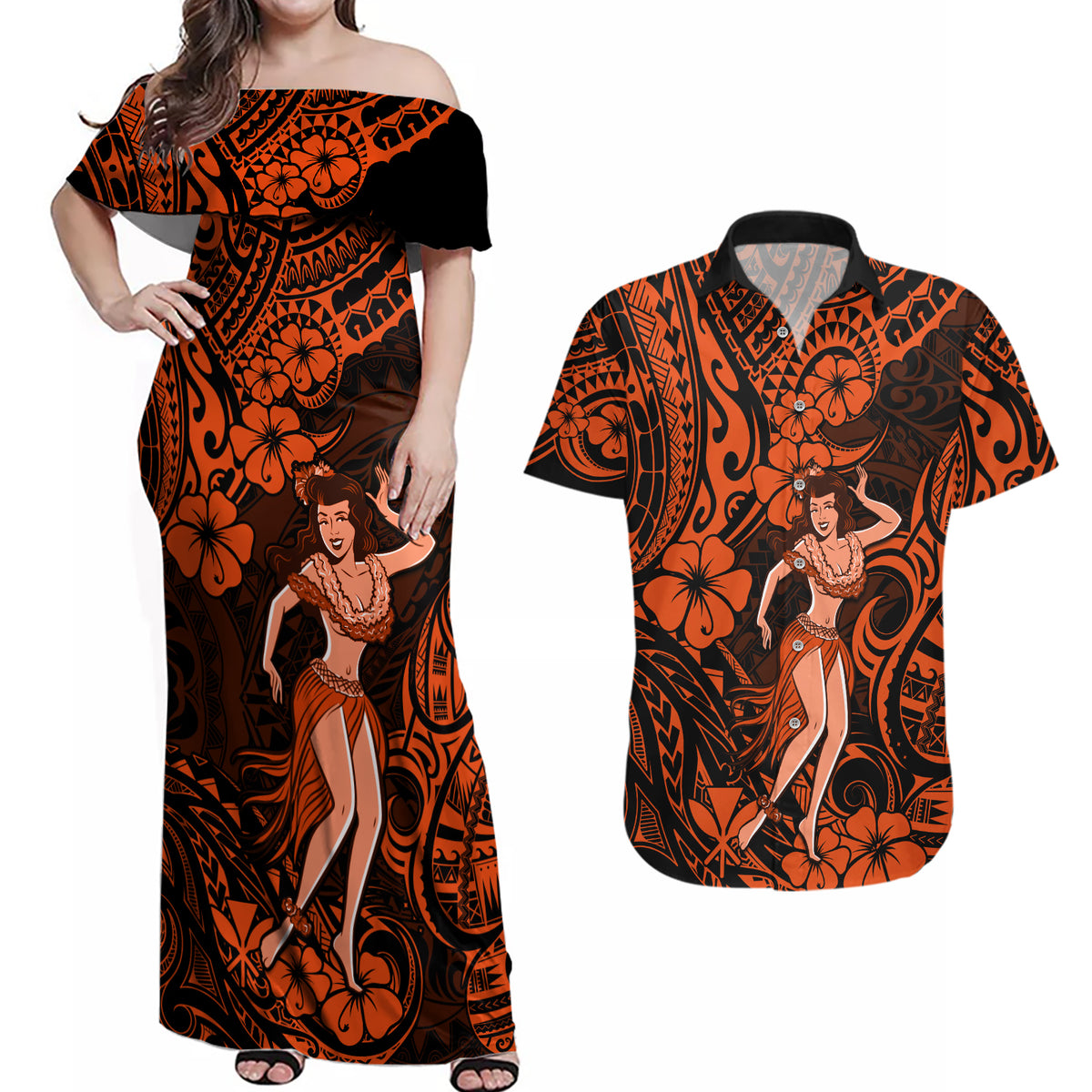 Hawaii Hula Girl Couples Matching Off Shoulder Maxi Dress and Hawaiian Shirt Polynesian Pattern Orange Version - Wonder Print Shop