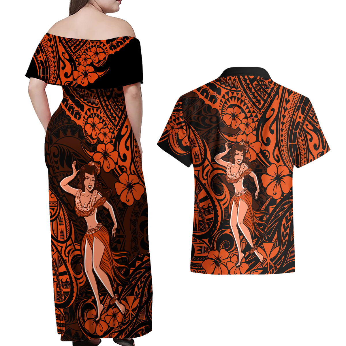 Hawaii Hula Girl Couples Matching Off Shoulder Maxi Dress and Hawaiian Shirt Polynesian Pattern Orange Version - Wonder Print Shop