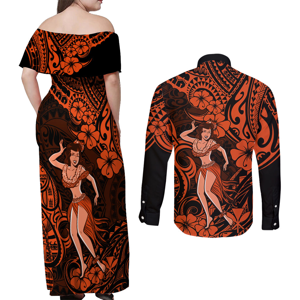Hawaii Hula Girl Couples Matching Off Shoulder Maxi Dress and Long Sleeve Button Shirts Polynesian Pattern Orange Version - Wonder Print Shop