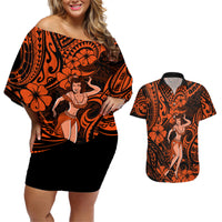 Hawaii Hula Girl Couples Matching Off Shoulder Short Dress and Hawaiian Shirt Polynesian Pattern Orange Version - Wonder Print Shop