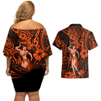 Hawaii Hula Girl Couples Matching Off Shoulder Short Dress and Hawaiian Shirt Polynesian Pattern Orange Version - Wonder Print Shop