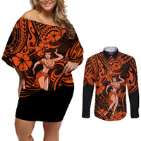 Hawaii Hula Girl Couples Matching Off Shoulder Short Dress and Long Sleeve Button Shirts Polynesian Pattern Orange Version - Wonder Print Shop