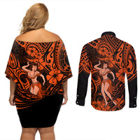 Hawaii Hula Girl Couples Matching Off Shoulder Short Dress and Long Sleeve Button Shirts Polynesian Pattern Orange Version - Wonder Print Shop