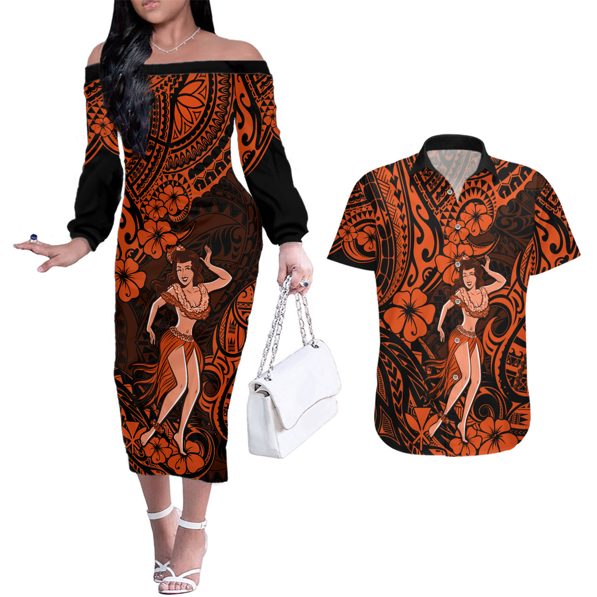 Hawaii Hula Girl Couples Matching Off The Shoulder Long Sleeve Dress and Hawaiian Shirt Polynesian Pattern Orange Version - Wonder Print Shop