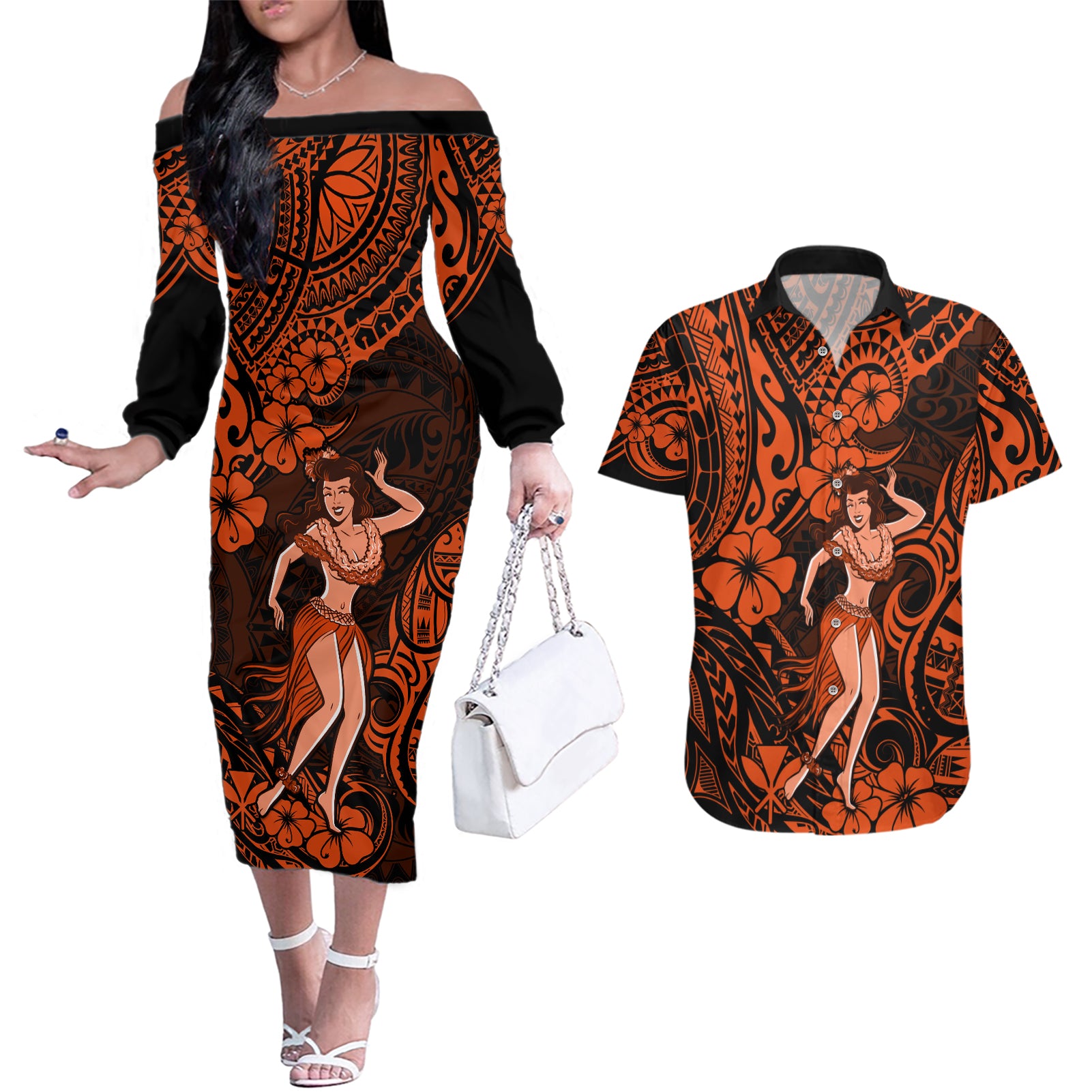Hawaii Hula Girl Couples Matching Off The Shoulder Long Sleeve Dress and Hawaiian Shirt Polynesian Pattern Orange Version - Wonder Print Shop