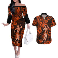 Hawaii Hula Girl Couples Matching Off The Shoulder Long Sleeve Dress and Hawaiian Shirt Polynesian Pattern Orange Version - Wonder Print Shop