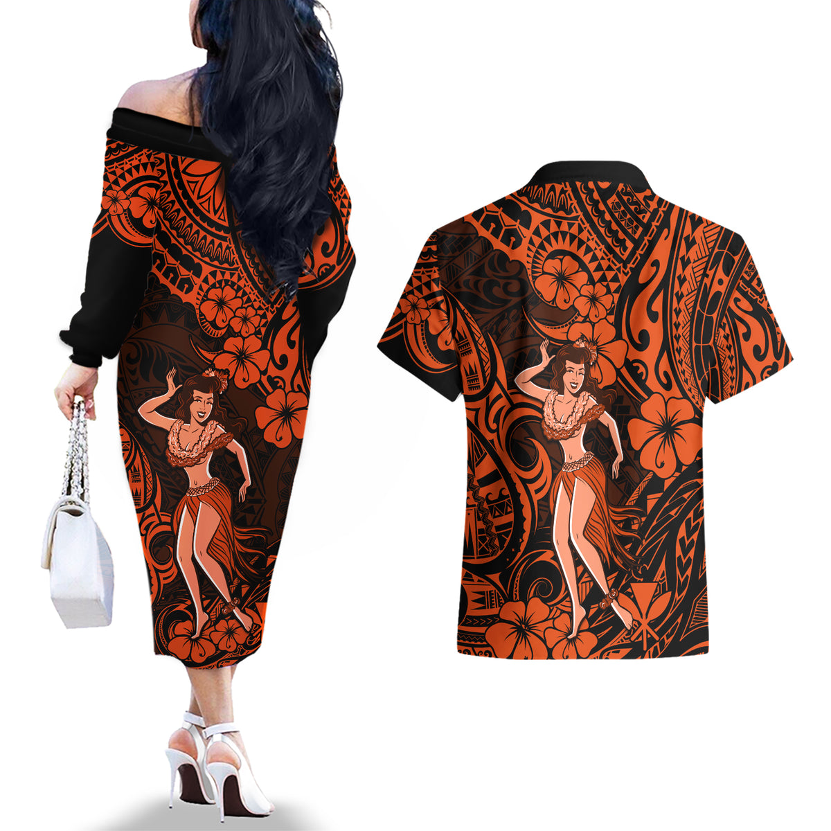 Hawaii Hula Girl Couples Matching Off The Shoulder Long Sleeve Dress and Hawaiian Shirt Polynesian Pattern Orange Version - Wonder Print Shop