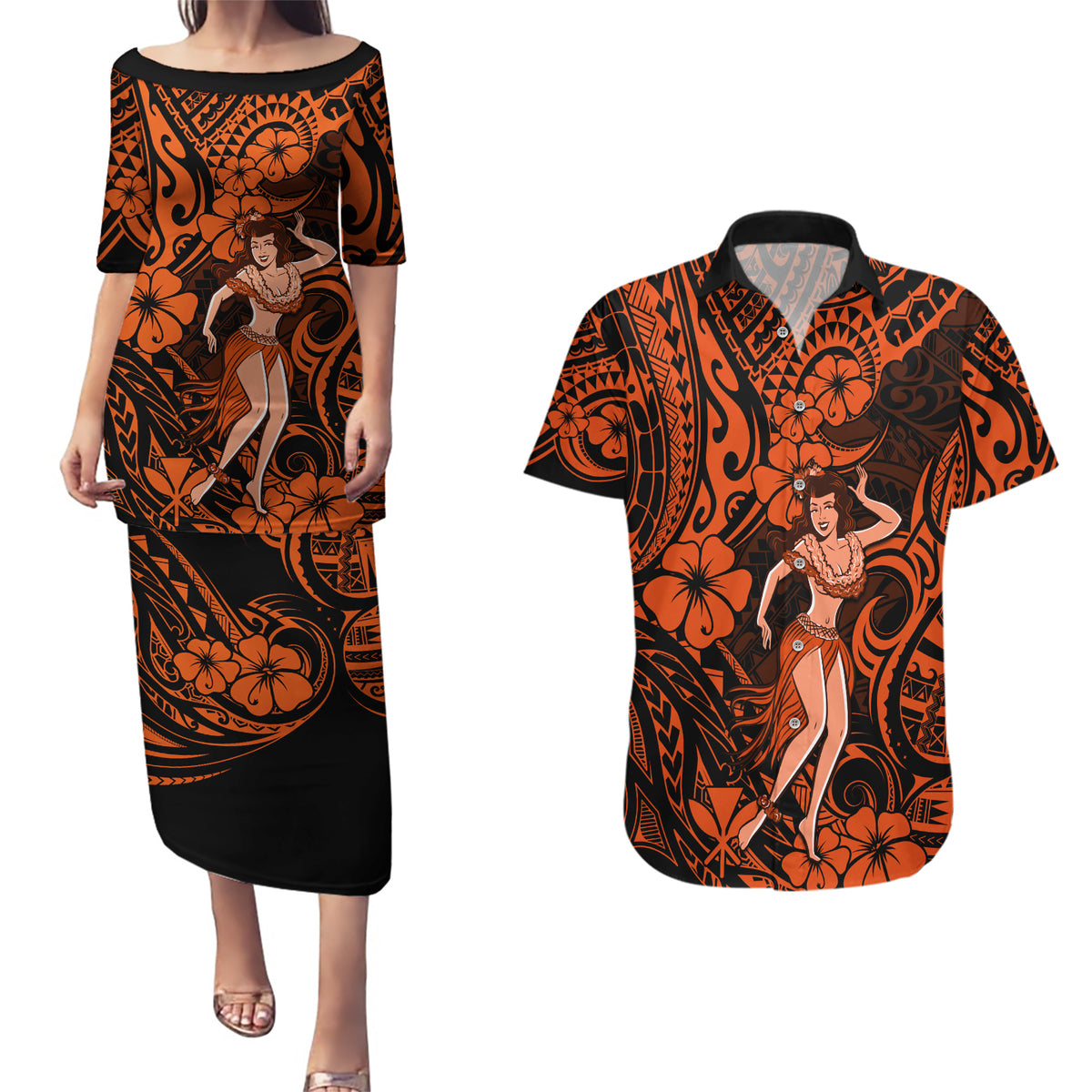 Hawaii Hula Girl Couples Matching Puletasi Dress and Hawaiian Shirt Polynesian Pattern Orange Version - Wonder Print Shop