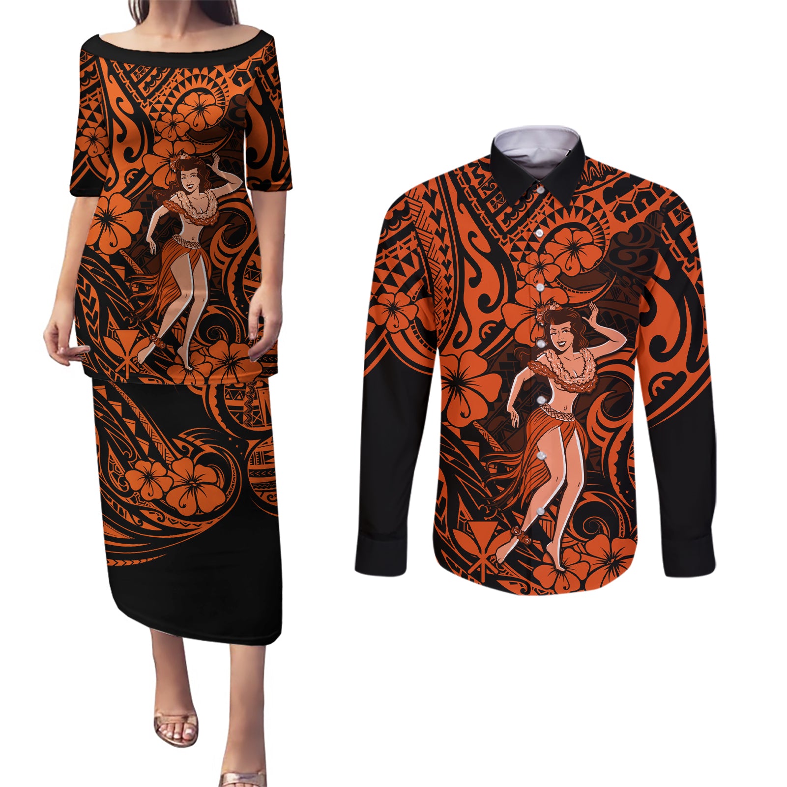 Hawaii Hula Girl Couples Matching Puletasi Dress and Long Sleeve Button Shirts Polynesian Pattern Orange Version - Wonder Print Shop