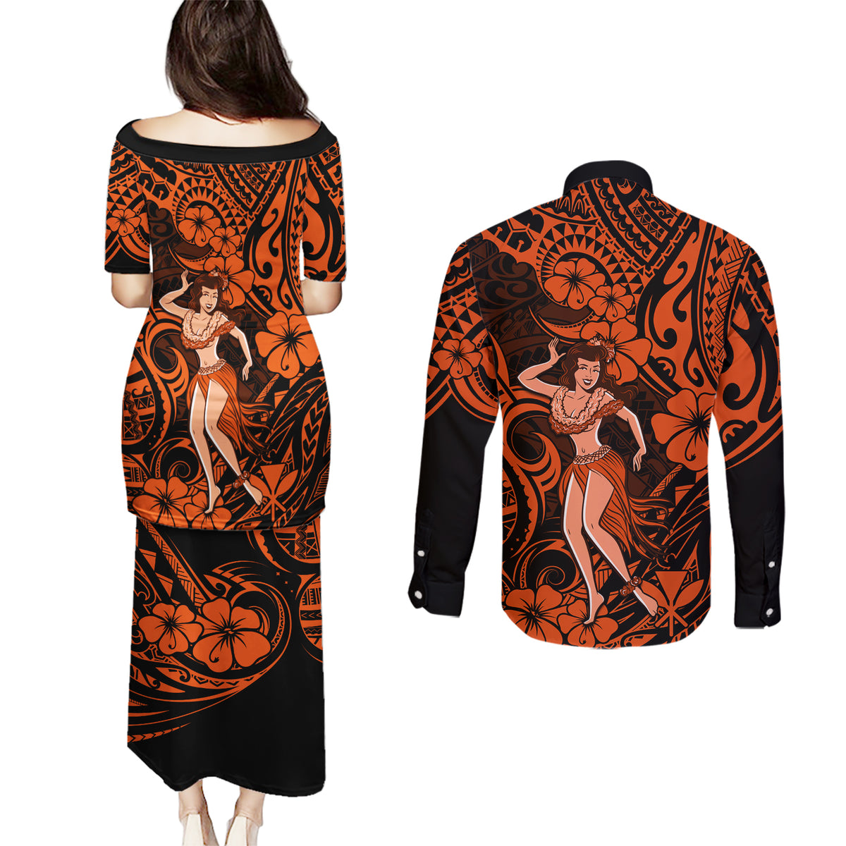 Hawaii Hula Girl Couples Matching Puletasi Dress and Long Sleeve Button Shirts Polynesian Pattern Orange Version - Wonder Print Shop