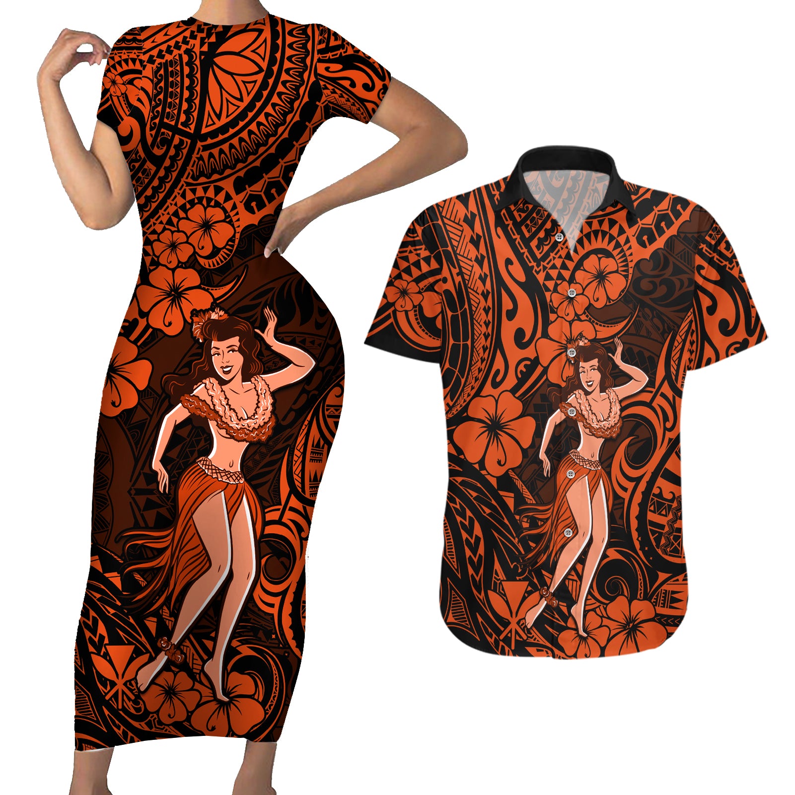 Hawaii Hula Girl Couples Matching Short Sleeve Bodycon Dress and Hawaiian Shirt Polynesian Pattern Orange Version - Wonder Print Shop