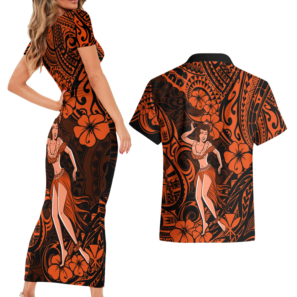 Hawaii Hula Girl Couples Matching Short Sleeve Bodycon Dress and Hawaiian Shirt Polynesian Pattern Orange Version - Wonder Print Shop