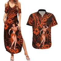 Hawaii Hula Girl Couples Matching Summer Maxi Dress and Hawaiian Shirt Polynesian Pattern Orange Version - Wonder Print Shop