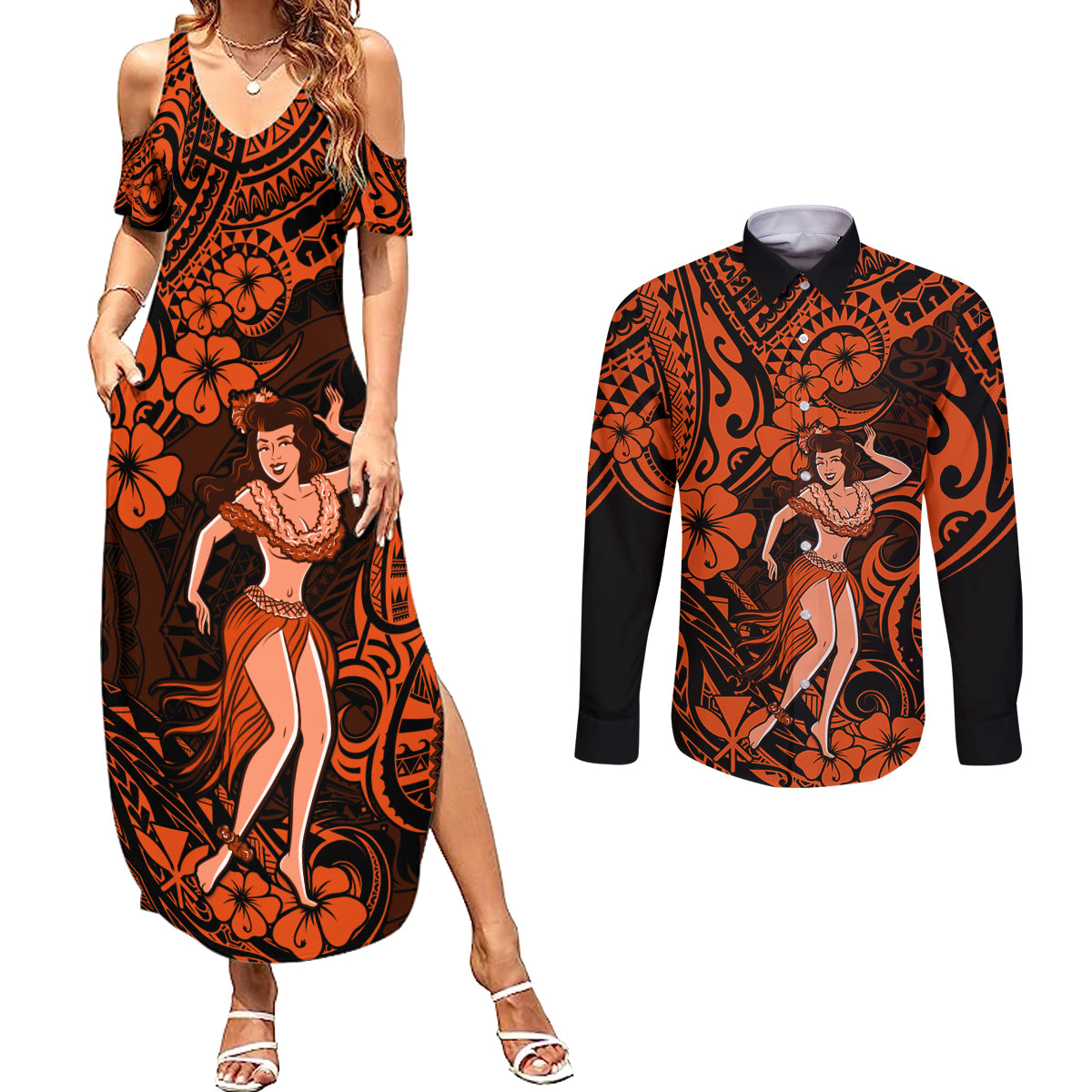 Hawaii Hula Girl Couples Matching Summer Maxi Dress and Long Sleeve Button Shirts Polynesian Pattern Orange Version - Wonder Print Shop