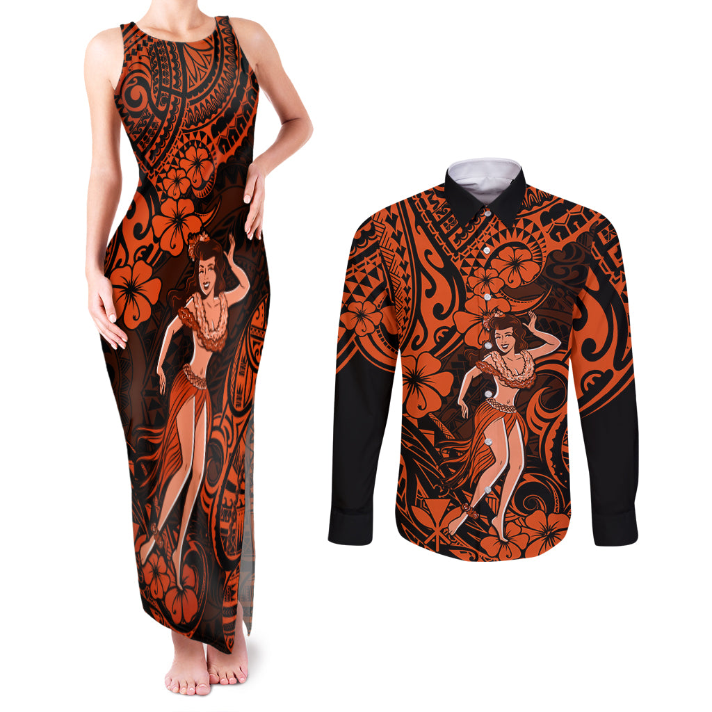 Hawaii Hula Girl Couples Matching Tank Maxi Dress and Long Sleeve Button Shirts Polynesian Pattern Orange Version - Wonder Print Shop