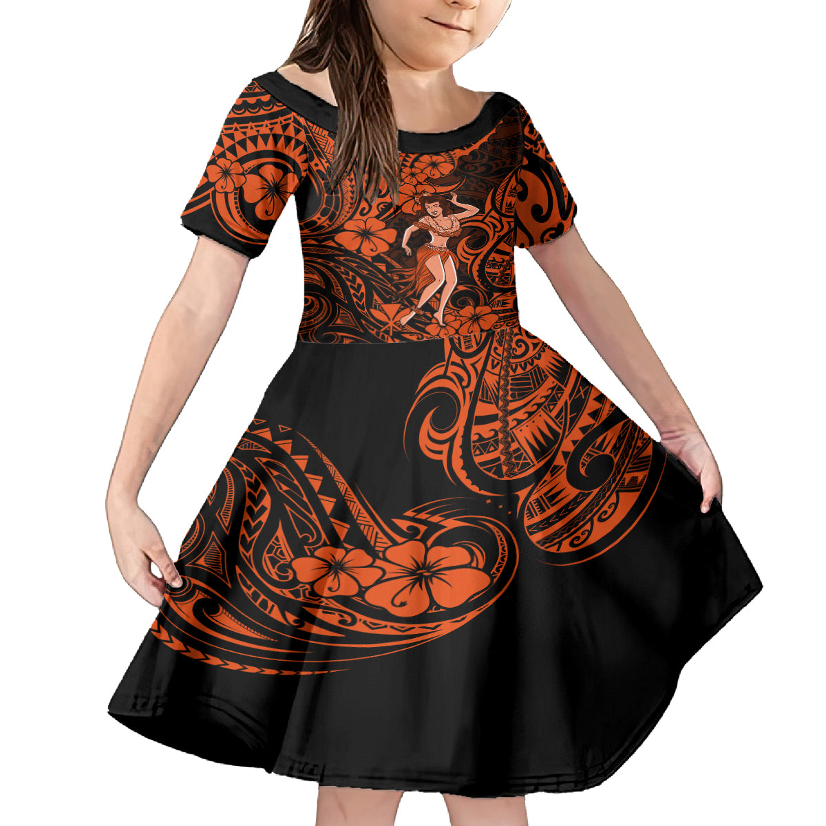 Hawaii Hula Girl Family Matching Long Sleeve Bodycon Dress and Hawaiian Shirt Polynesian Pattern Orange Version - Wonder Print Shop