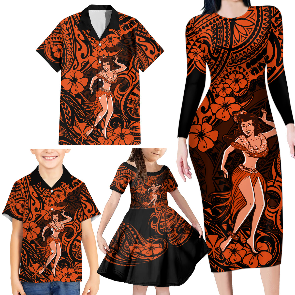 Hawaii Hula Girl Family Matching Long Sleeve Bodycon Dress and Hawaiian Shirt Polynesian Pattern Orange Version - Wonder Print Shop
