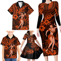 Hawaii Hula Girl Family Matching Long Sleeve Bodycon Dress and Hawaiian Shirt Polynesian Pattern Orange Version - Wonder Print Shop
