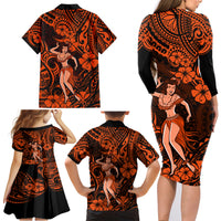 Hawaii Hula Girl Family Matching Long Sleeve Bodycon Dress and Hawaiian Shirt Polynesian Pattern Orange Version - Wonder Print Shop