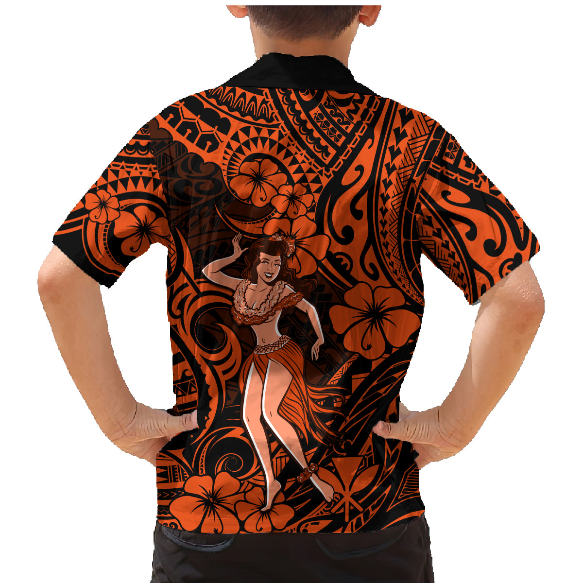 Hawaii Hula Girl Family Matching Mermaid Dress and Hawaiian Shirt Polynesian Pattern Orange Version - Wonder Print Shop