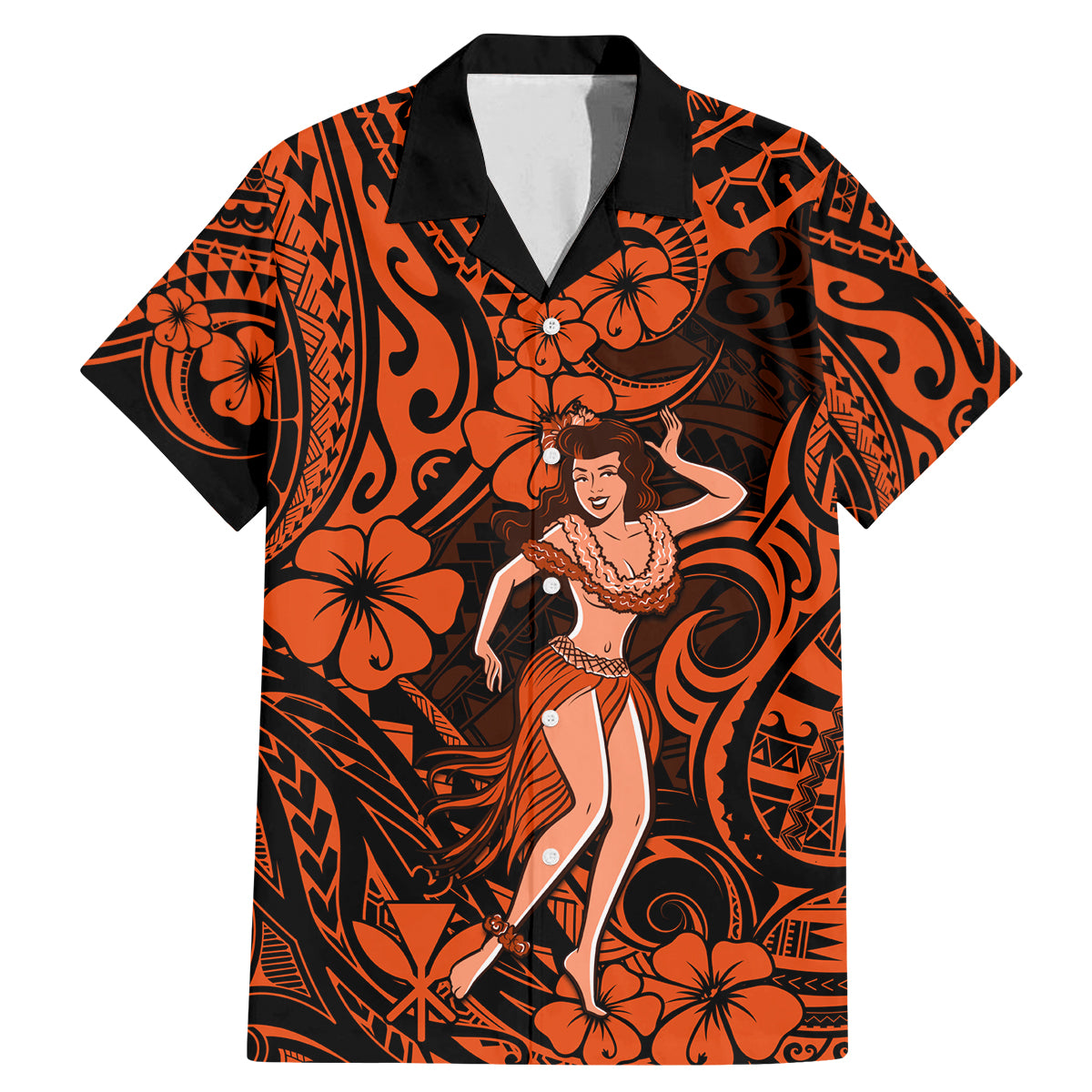 Hawaii Hula Girl Family Matching Mermaid Dress and Hawaiian Shirt Polynesian Pattern Orange Version - Wonder Print Shop