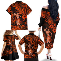 Hawaii Hula Girl Family Matching Off Shoulder Long Sleeve Dress and Hawaiian Shirt Polynesian Pattern Orange Version - Wonder Print Shop