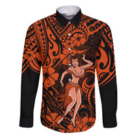 Hawaii Hula Girl Family Matching Off Shoulder Long Sleeve Dress and Hawaiian Shirt Polynesian Pattern Orange Version - Wonder Print Shop