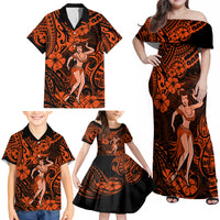 Hawaii Hula Girl Family Matching Off Shoulder Maxi Dress and Hawaiian Shirt Polynesian Pattern Orange Version - Wonder Print Shop