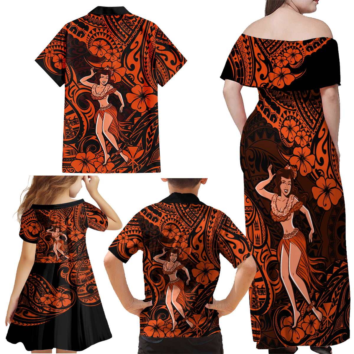 Hawaii Hula Girl Family Matching Off Shoulder Maxi Dress and Hawaiian Shirt Polynesian Pattern Orange Version - Wonder Print Shop