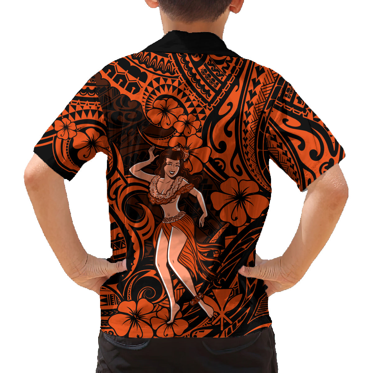 Hawaii Hula Girl Family Matching Off Shoulder Short Dress and Hawaiian Shirt Polynesian Pattern Orange Version - Wonder Print Shop